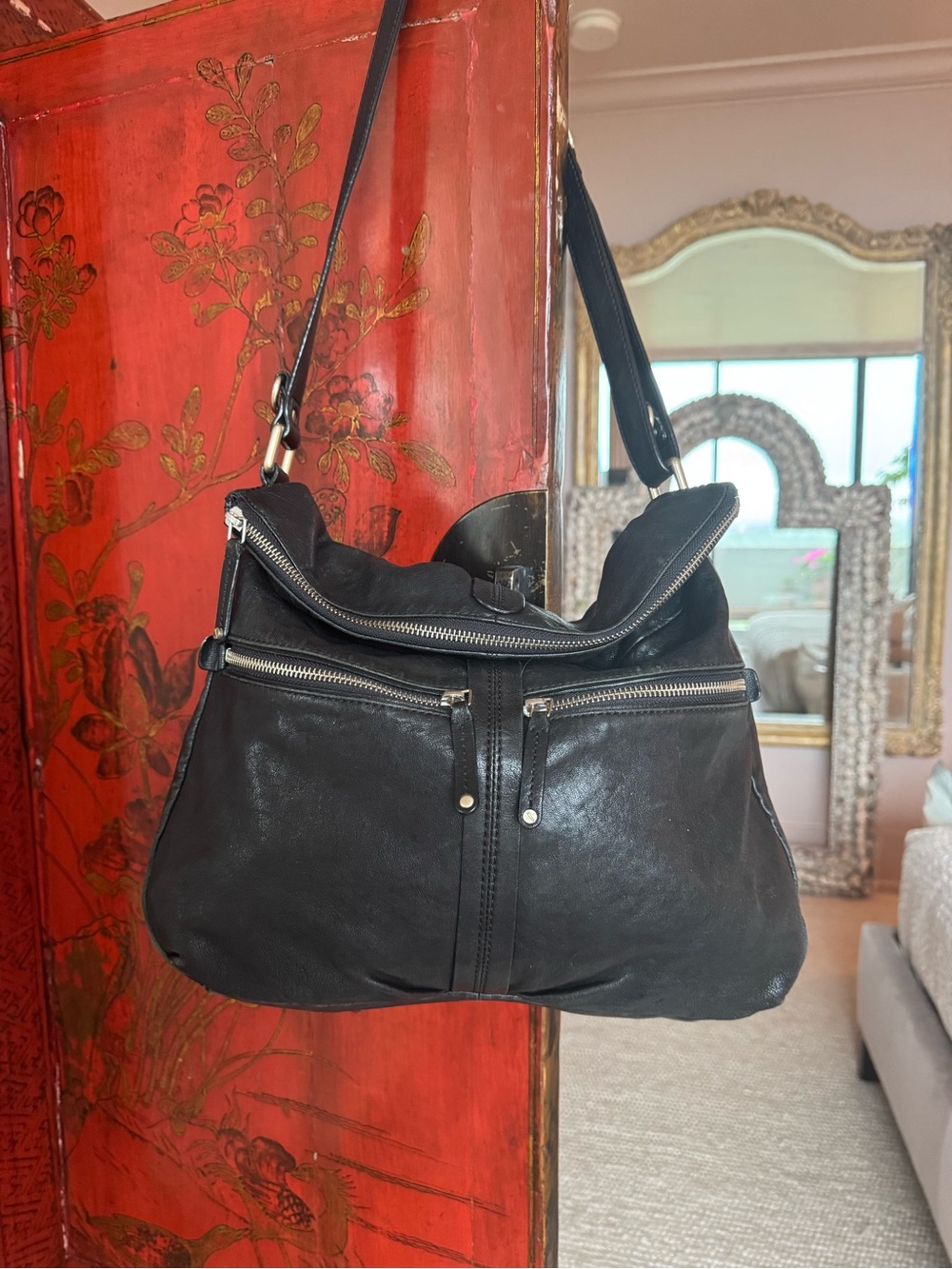 Lamb Leather Black Crossbody Bag with Front Zipper Pockets by Banana Republ